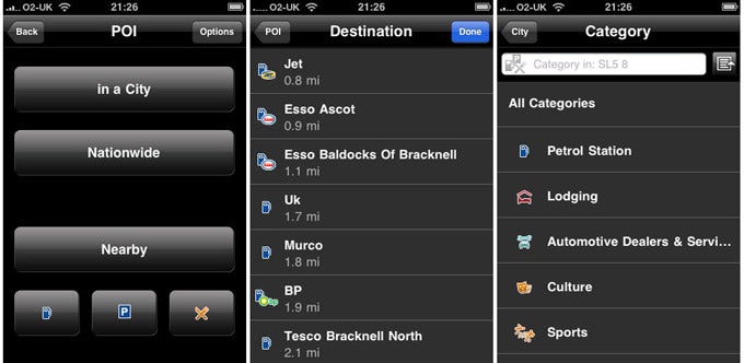Screenshots of Navigon MobileNavigator app interface on iPhone