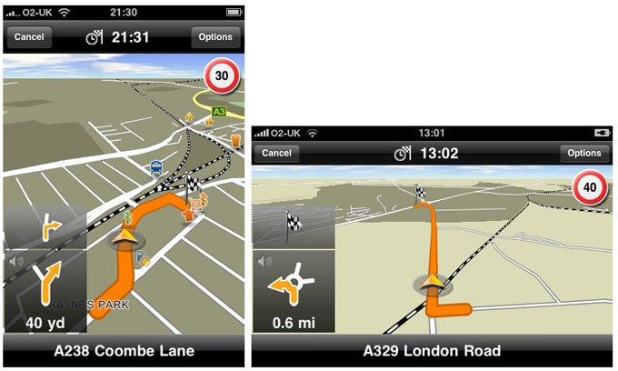 Screenshots of Navigon MobileNavigator app on iPhone.