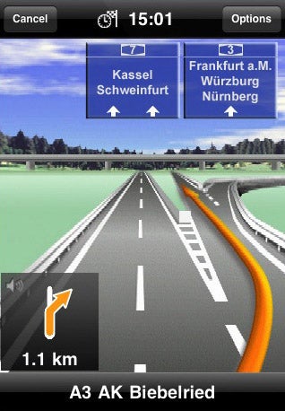 Screenshot of Navigon MobileNavigator GPS interface on iPhone.