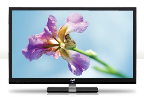 JVC LT-42WX70 LCD TV displaying vibrant flower image.