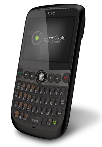HTC Snap smartphone with QWERTY keyboard displayed.