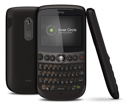 HTC Snap smartphone with QWERTY keyboard, front and side view.