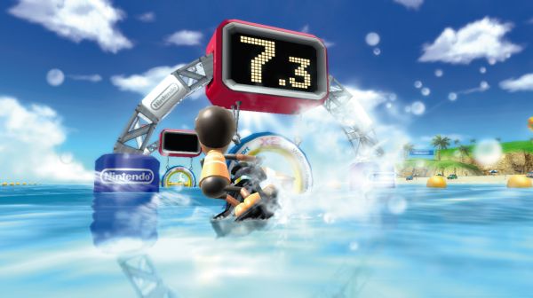 Wii Sports Resort gameplay with Mii character water skiing.