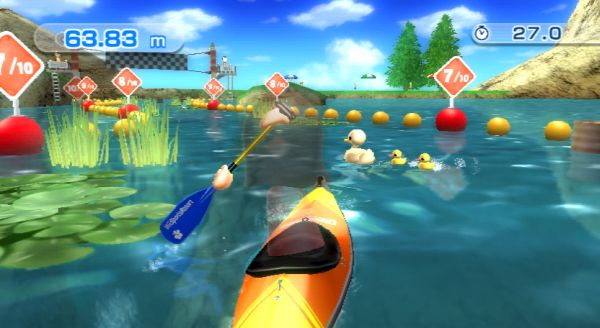 Wii Sports Resort canoeing game screenshot with score indicators.