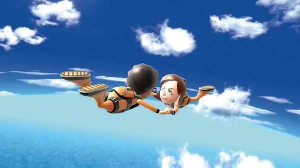 Two Mii characters skydiving in Wii Sports Resort game.