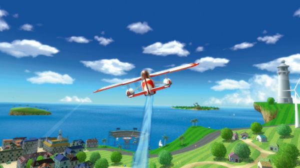 Wii Sports Resort game screenshot featuring airplane over island.