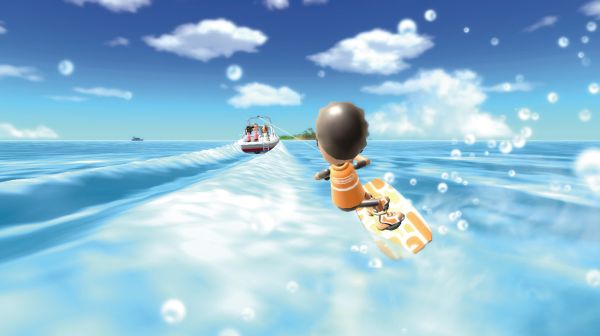 Mii character wakeboarding in Wii Sports Resort game.