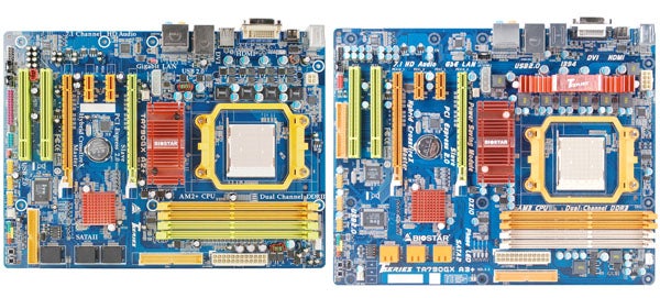 Biostar TA790GX A3+ motherboards side by side.