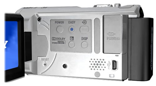 Side view of Sony Handycam DCR-SX30E showing controls.