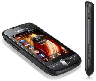 Samsung Jet S8000 smartphone with display on and side view.