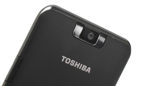 Close-up of Toshiba TG01 smartphone's camera and branding.