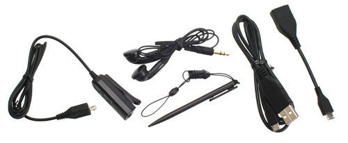 Accessories for Toshiba TG01 smartphone including cables and stylus.