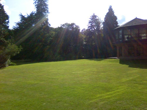 Grassy lawn with a house and sunlight flares.