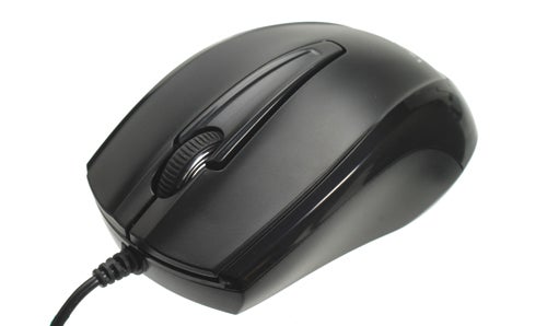 Black wired optical mouse on a white background.