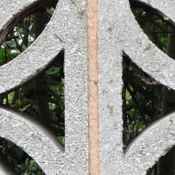 Close-up of a decorative stone lattice with foliage background.
