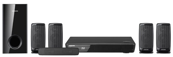 Samsung HT-BD1250 home cinema system with speakers and Blu-ray player.