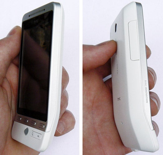 HTC Hero smartphone held in hand, front and side views.