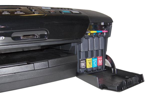 Brother DCP-375CW printer with open ink cartridge compartment.