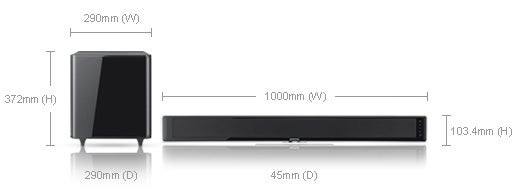 Samsung HT-WS1G soundbar with subwoofer and dimensions.