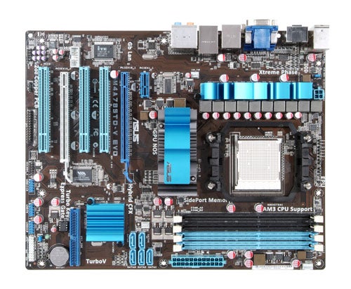 Asus M4A785TD-V EVO motherboard with sockets and slots visible.