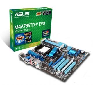 Asus M4A785TD-V EVO motherboard with packaging.