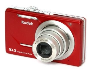 Kodak EasyShare M380 digital camera in red.