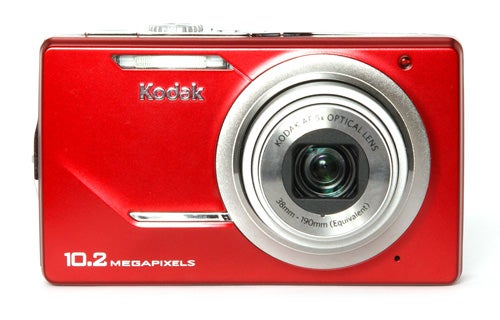 Red Kodak EasyShare M380 digital camera with lens visible.