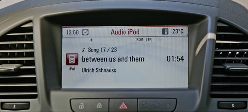 Vauxhall Insignia's infotainment system displaying iPod audio track.Vauxhall Insignia's infotainment screen showing iPod menu options.
