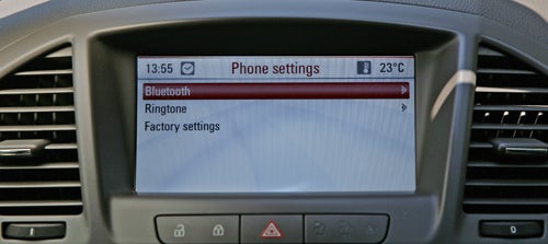 Vauxhall Insignia's infotainment screen displaying Bluetooth settings.Insignia Elite Nav's infotainment system displaying phone settings menu.