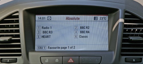 In-car infotainment screen displaying radio stations in Vauxhall Insignia.