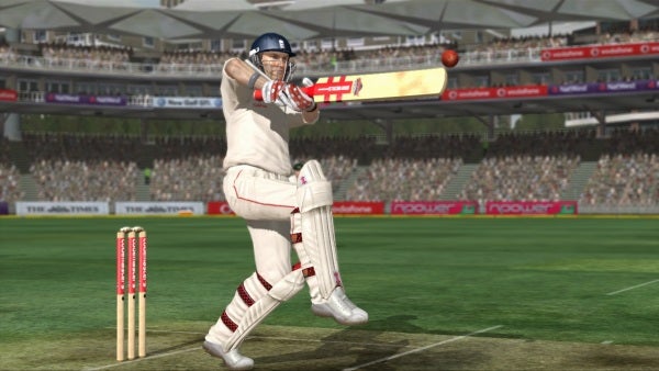 Cricket videogame screenshot of a batsman playing a shot.
