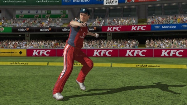 Video game cricket player batting in an Ashes 2009 game simulation.