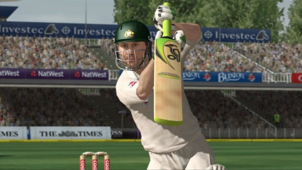 Animated cricketer playing a shot in a video game.