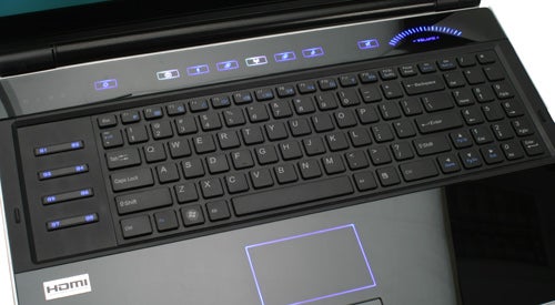 Close-up view of Rock Xtreme 840SLI-X9100 gaming laptop keyboard.