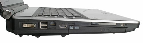 Side view of Rock Xtreme 840SLI-X9100 gaming laptop ports.