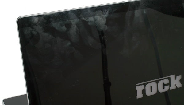 Close-up of Rock Xtreme 840SLI-X9100 laptop lid with logo.
