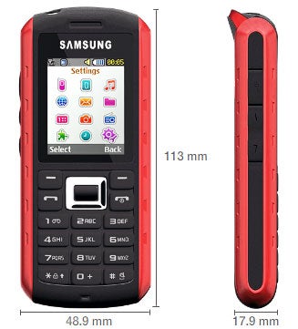 Samsung Solid Extreme B2100 phone with dimensions displayed.