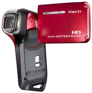 Sanyo Xacti VPC-CA9 red waterproof camcorder displayed.