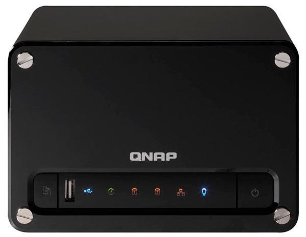 QNAP TS-219 Turbo NAS device with status lights on.