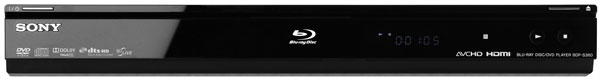Sony BDP-S360 Blu-ray player front view with display on.