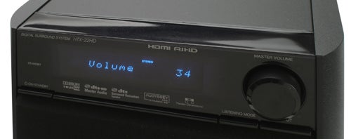 Close-up of Onkyo HTX-22HD home theater system's control panel.
