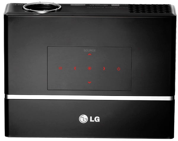 Black LG HS102 Ultra Mobile Projector on a white background.