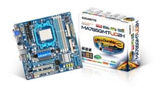 Gigabyte MA785GMT-UD2H motherboard with its retail box.
