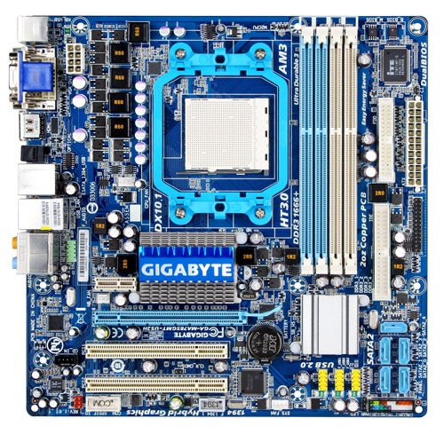 Gigabyte MA785GMT-UD2H motherboard on white background.