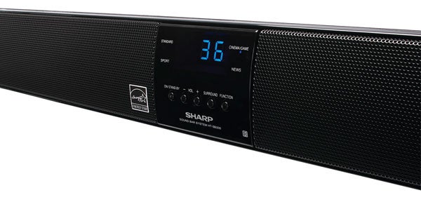 Sharp HT-SB200 soundbar with digital display showing volume level.