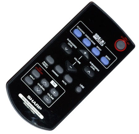 Sharp HT-SB200 soundbar remote control on white background.