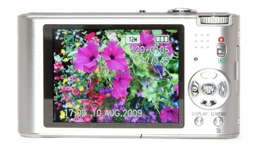 Panasonic Lumix DMC-FX60 camera displaying a colorful flower photo.