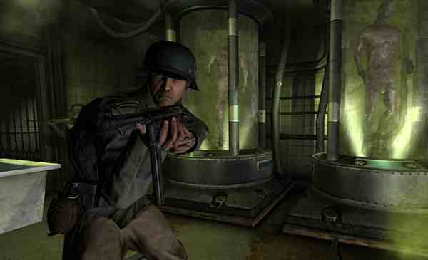 Soldier crouching with weapon in a laboratory setting from Wolfenstein game.