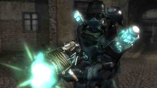 Character from Wolfenstein game firing a weapon with glowing effects.