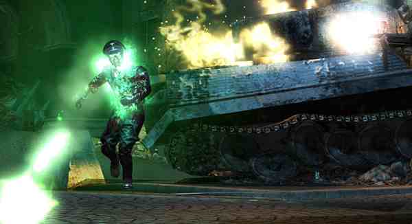Soldier in futuristic armor next to exploding tank in video game scene.